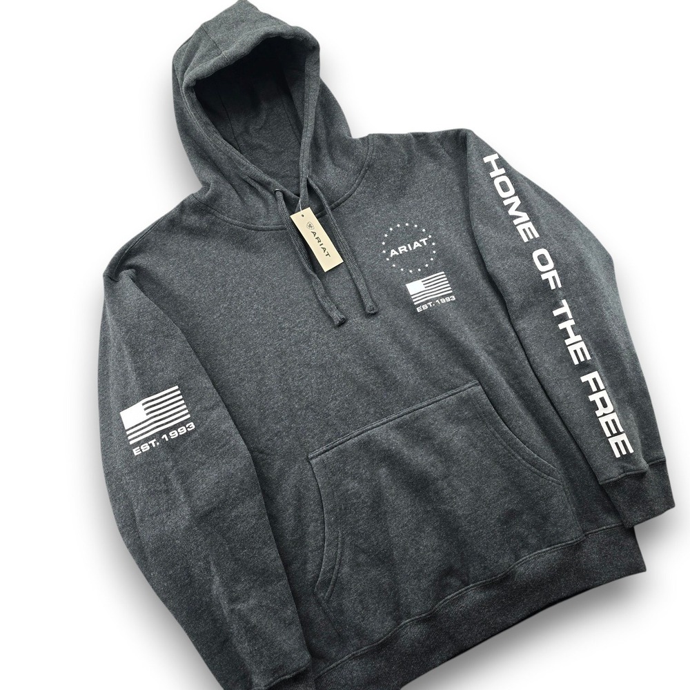 Ariat Sponsor Patriot Hood Mens Size M Charcoal Heather Fleece Pullover Hoodie
